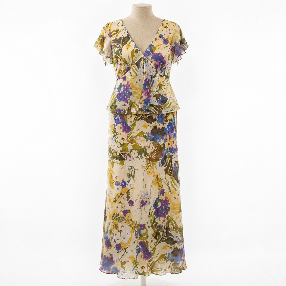 Vintage Y2K Adrianna Papell 100% Silk Floral Maxi Dress Sz 10 Fairy Garden Boho